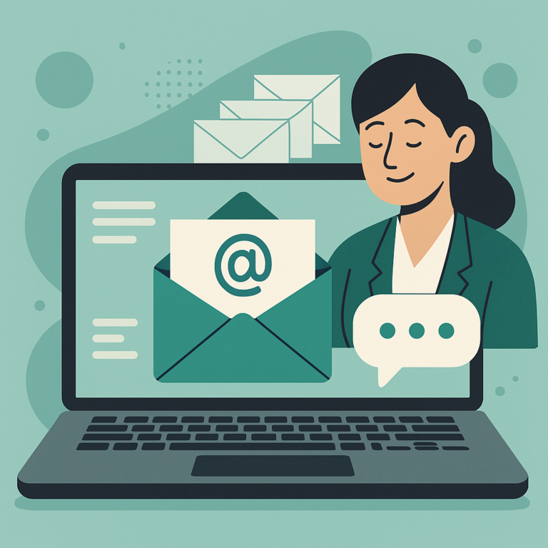 Illustration d’un ordinateur portable affichant une séquence d’emails automatisés dans un style moderne et épuré