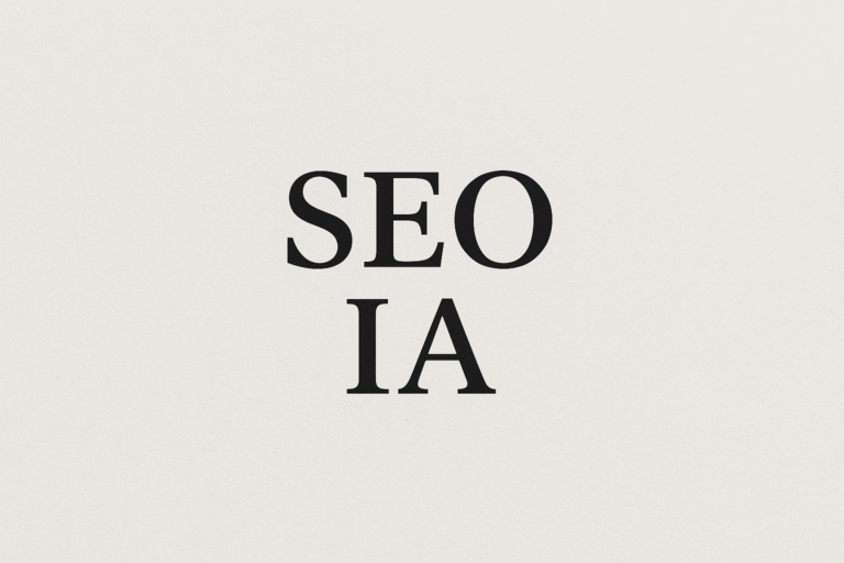 Texte minimaliste “SEO IA” en noir sur fond clair, représentant la fusion entre le référencement naturel et l’intelligence artificielle.
